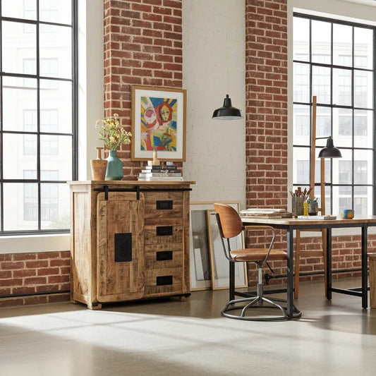 Meuble Commode Farmhouse en bois de manguier brut porte coulissante