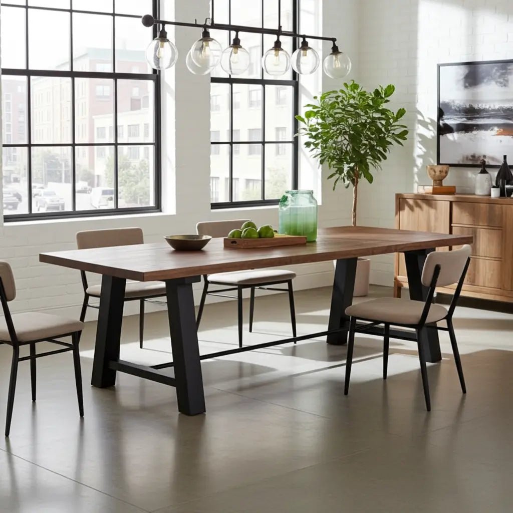 Table à diner industrielle style Établie patte en acier noir avec plateau en acacia