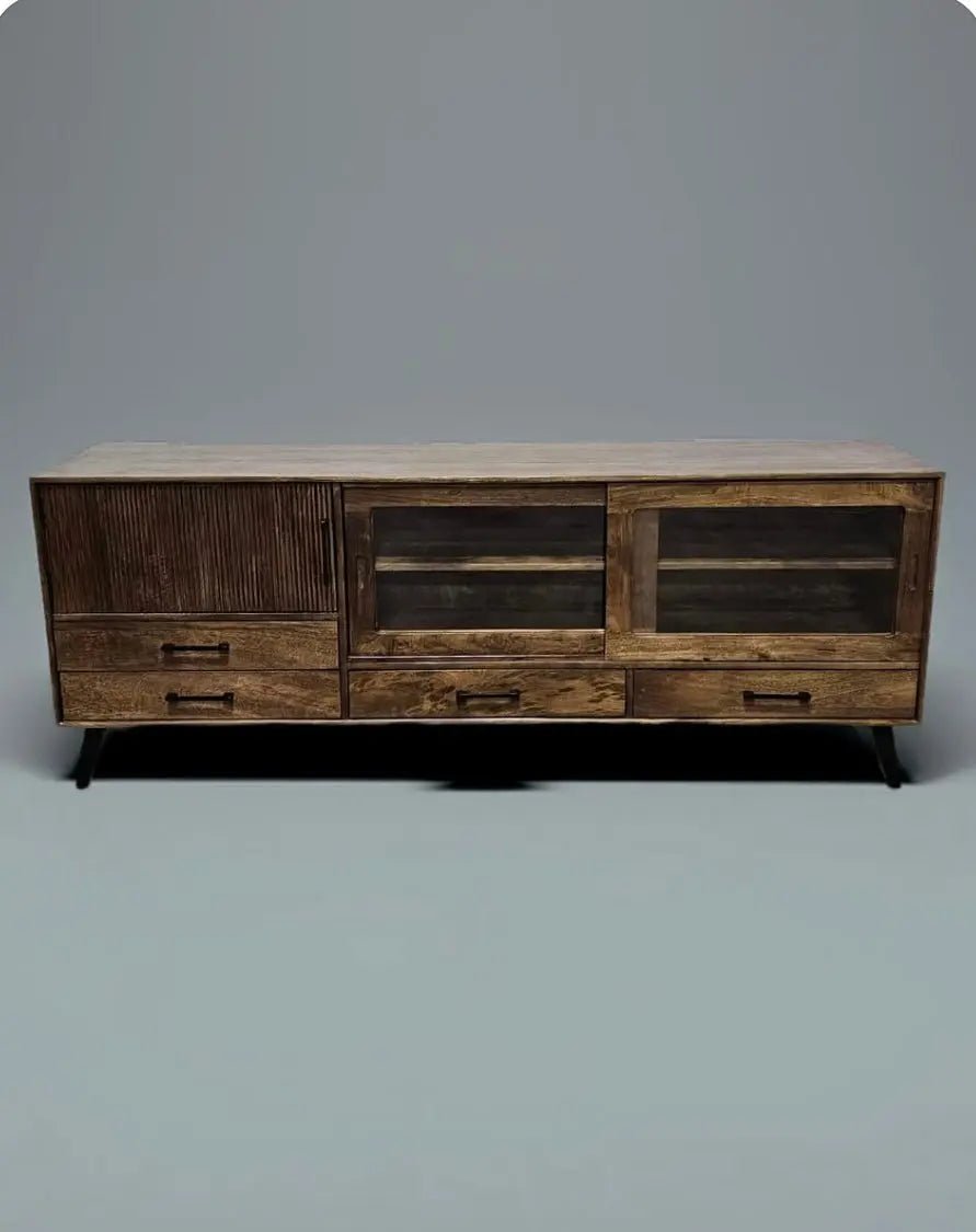 Meuble Télé Arezzo en bois de manguier portes coulissantes vitrées