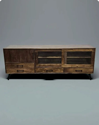 Meuble Télé Arezzo en bois de manguier portes coulissantes vitrées