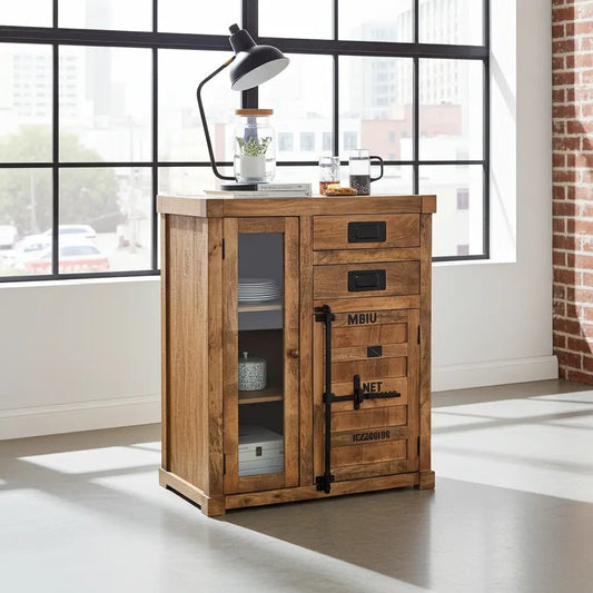 Meuble cabinet style container en bois de manguier avec porte en verre et 2 tiroirs