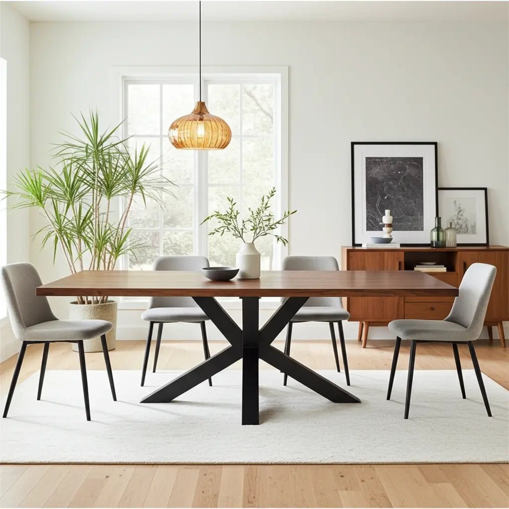 Table à diner patte Spider noir mat avec plateau en bois d'acacia brun