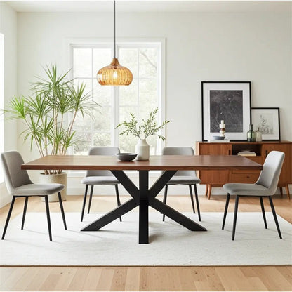 Table à diner patte Spider noir mat avec plateau en bois d'acacia brun