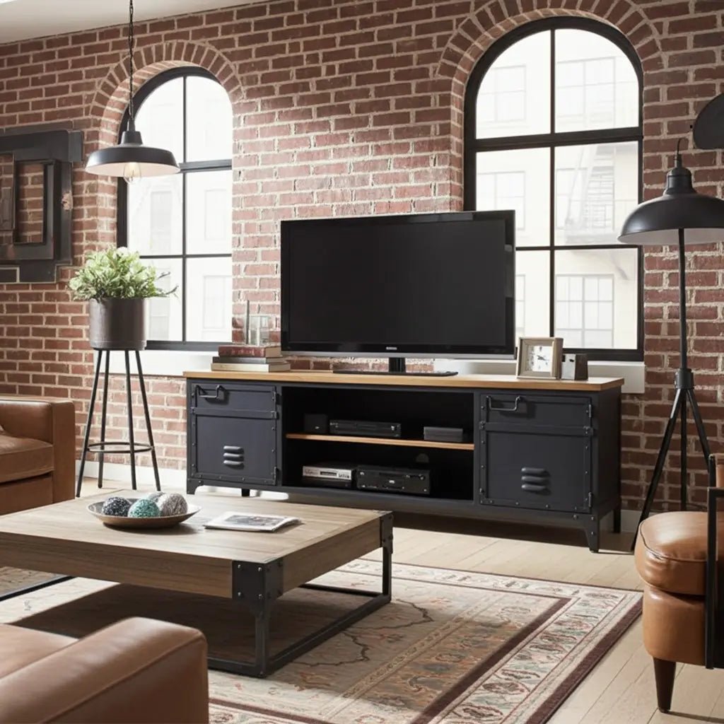 Meuble télé industriel en acier noir style casier dessus en bois de manguier