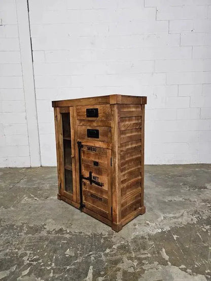 Meuble cabinet style container en bois de manguier avec porte en verre et 2 tiroirs