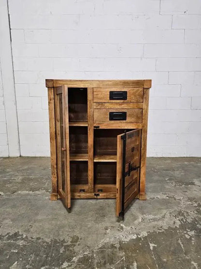 Meuble cabinet style container en bois de manguier avec porte en verre et 2 tiroirs