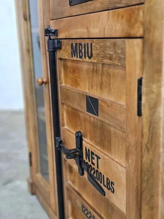 Meuble cabinet style container en bois de manguier avec porte en verre et 2 tiroirs