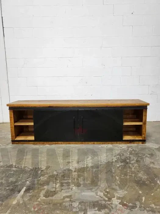 Meuble télé en bois de manguier avec 2 portes coulissantes en acier