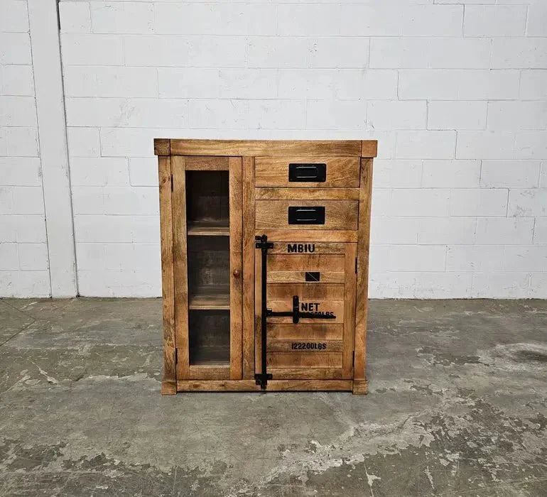 Meuble cabinet style container en bois de manguier avec porte en verre et 2 tiroirs