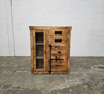 Meuble cabinet style container en bois de manguier avec porte en verre et 2 tiroirs