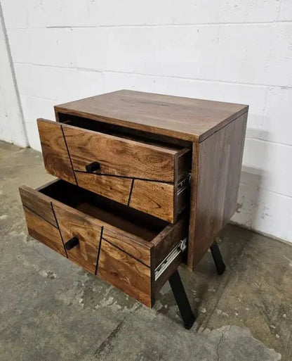 Table d'appoint style Mid-Century en bois D'Acacia avec 2 tiroirs