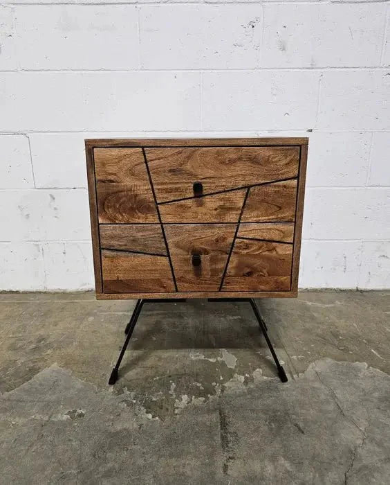 Table d'appoint style Mid-Century en bois D'Acacia avec 2 tiroirs