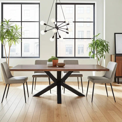 Table à diner patte Spider noir mat avec plateau en bois d'acacia brun