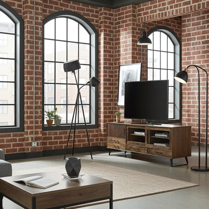 Meuble Télé Arezzo en bois de manguier portes coulissantes vitrées