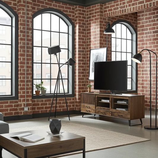 Meuble Télé Arezzo en bois de manguier portes coulissantes vitrées