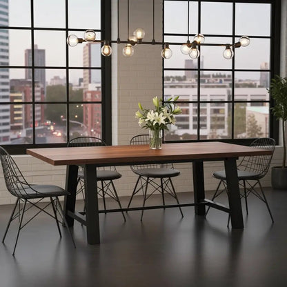 Table à diner industrielle style Établie patte en acier noir avec plateau en acacia