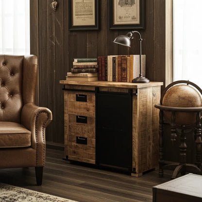 Meuble Commode Raven en bois de manguier porte coulissante en acier noir