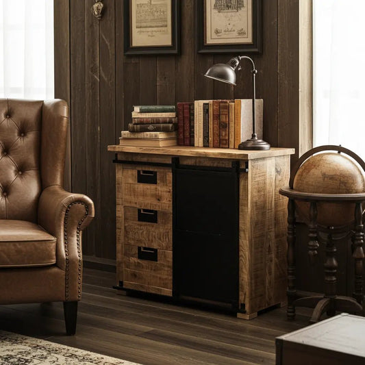 Meuble Commode Raven en bois de manguier porte coulissante en acier noir