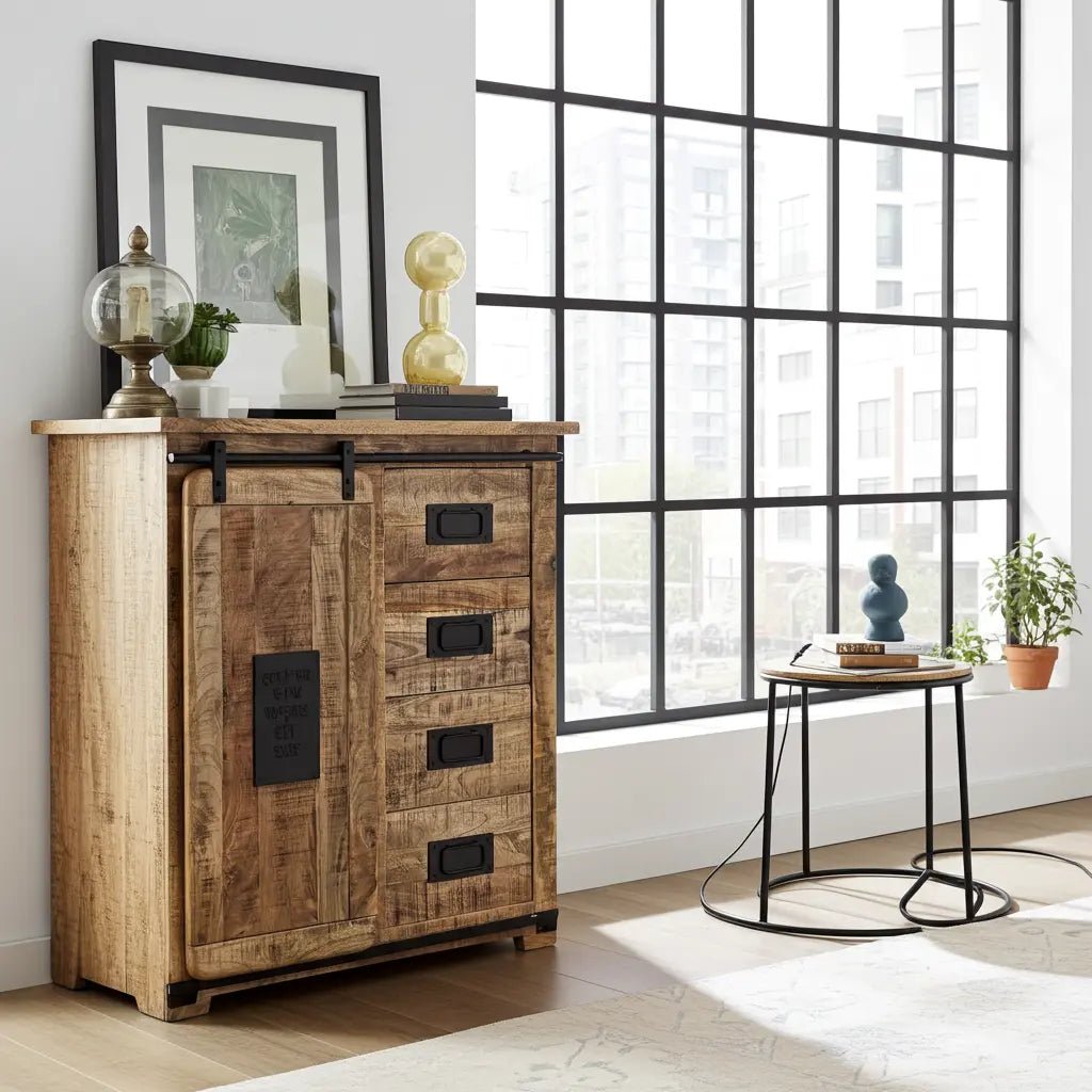 Meuble Commode Farmhouse en bois de manguier brut porte coulissante