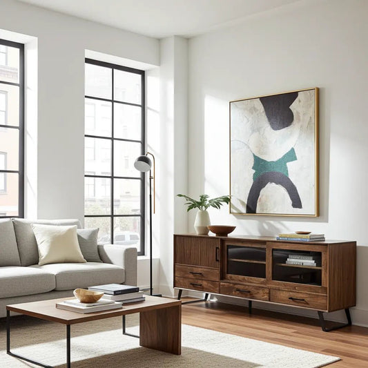 Meuble Télé Arezzo en bois de manguier portes coulissantes vitrées