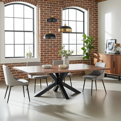 Table à diner patte Spider noir mat avec plateau en bois d'acacia brun