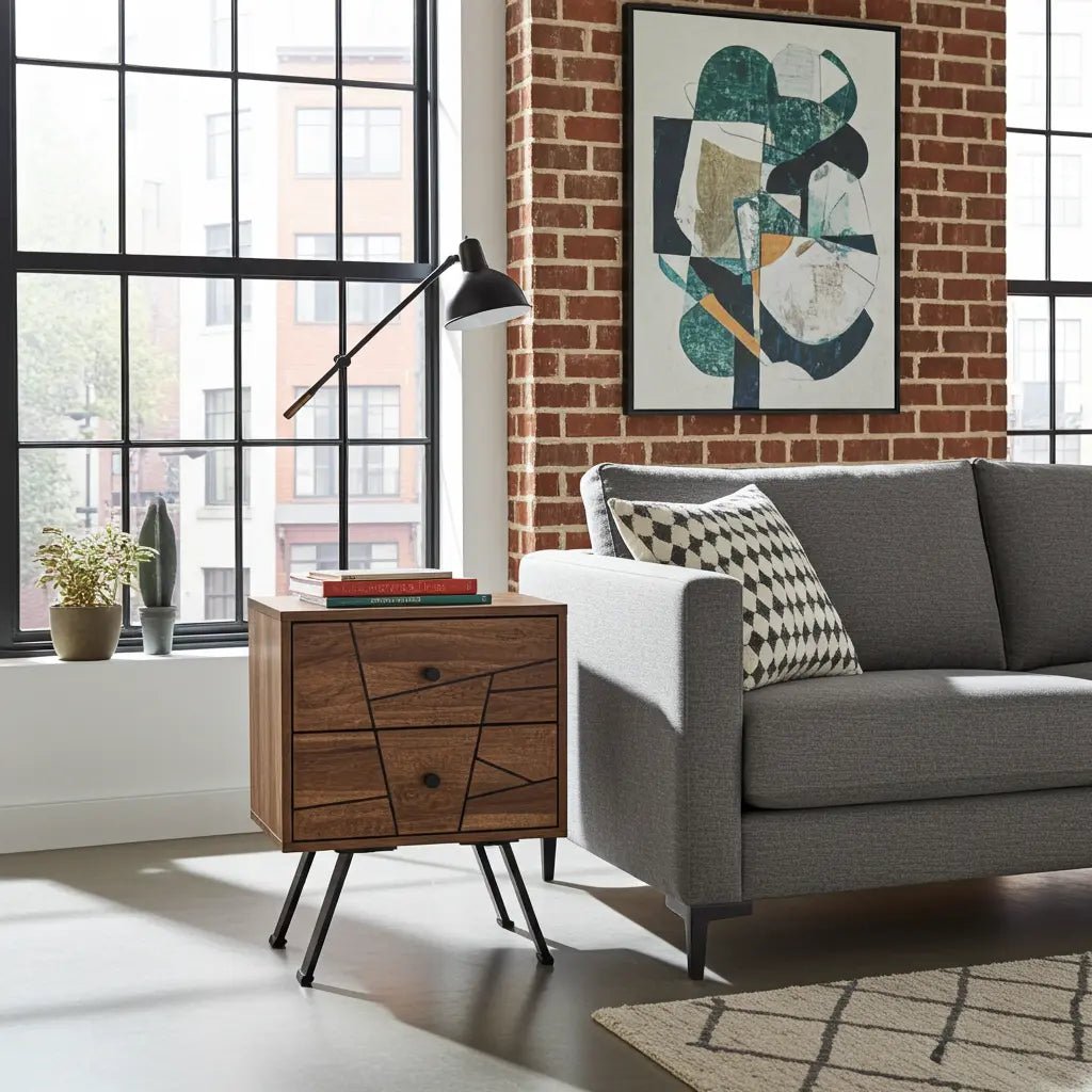 Table d'appoint style Mid-Century en bois D'Acacia avec 2 tiroirs